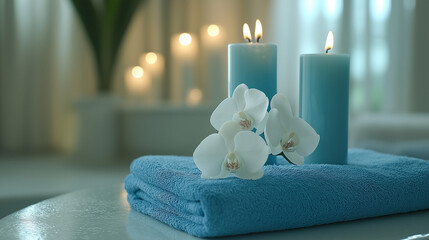 Wall Mural - Blue burning candles resting on towel with orchid flower in spa setting