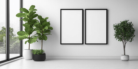 Aufkleber - Two vertical frames mockup hanging on white wall in bright modern living room with plants