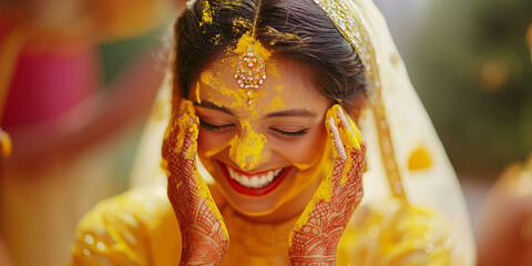 Wall Mural - Young indian bride smiling during traditional haldi ceremony