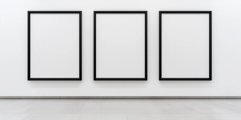 Poster - Three vertical blank black frames hanging on a white wall of an art gallery