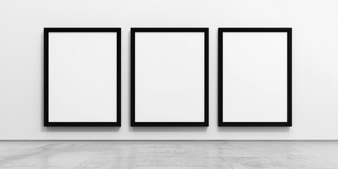 Wall Mural - Minimalist art gallery interior with three empty frames hanging on a white wall