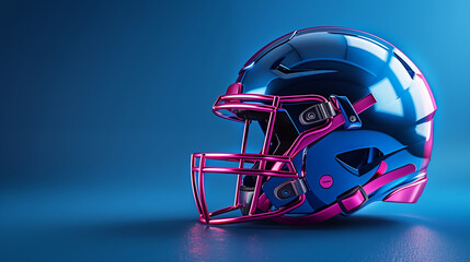 Futuristic blue and pink American football helmet against blue background. Concept of sports innovation and modern athletic equipment design.