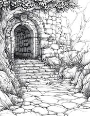 fantasy Dungeon Coloring Page with Light Grayscale Art