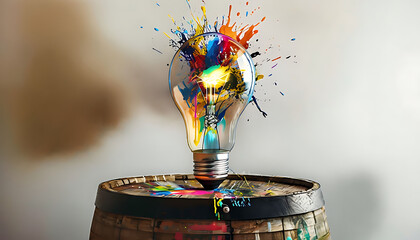 Wall Mural - Creative light bulb, on rustic wooden barrel drum, exploded with colorful paint and splashes on a white background. Creative idea concepts