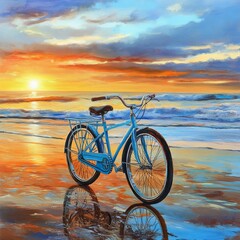 Canvas Print - A blue bicycle sits on a sandy beach, facing a beautiful sunset with the ocean in the background. It symbolizes freedom, travel, relaxation, and the beauty of nature.