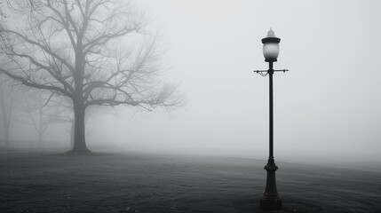 A solitary lamppost in a foggy park.