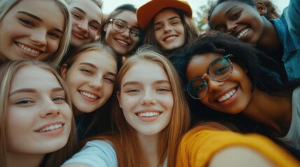 Wall Mural - Group of Excited Young Friends Taking a Selfie Together