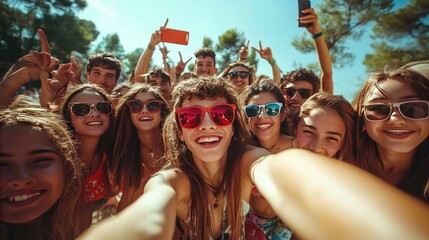 Wall Mural - Group of Excited Young Friends Taking a Selfie Together