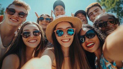 Wall Mural - Group of Excited Young Friends Taking a Selfie Together