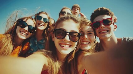 Wall Mural - Group of Excited Young Friends Taking a Selfie Together