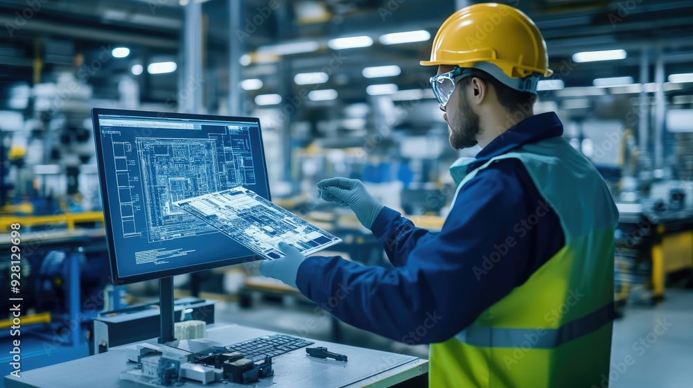 Engineer Reviews Motherboard Against Digital Twin 3D Model on Computer ...