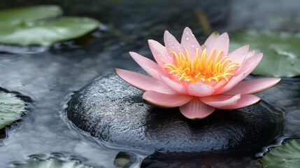 Canvas Print - A delicate pink water lily blossom with water droplets rests on a smooth grey stone in a tranquil pond, symbolizing serenity, purity, nature, growth, and tranquility.