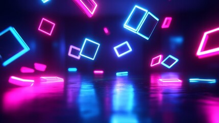 Poster - Futuristic Holographic Neon Geometric Shapes in Dark Space - Abstract Dimensions of Technology and Light Movement