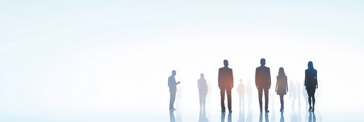 Poster - A group of business professionals stand in silhouette, facing a bright future. The image symbolizes teamwork, success, ambition, and moving forward.