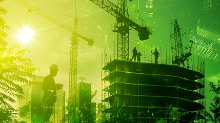 Construction workers in silhouette on scaffolding against a green cityscape background.