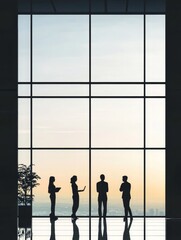 Sticker - A group of four business professionals stand in silhouette against a large window, gazing out over the cityscape, symbolizing teamwork, success, and a bright future.