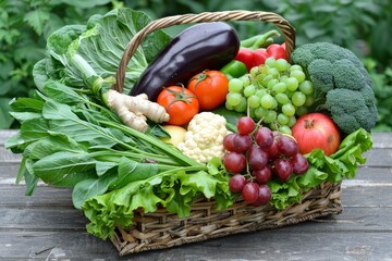 Wall Mural - A wicker basket overflowing with fresh vegetables and fruit