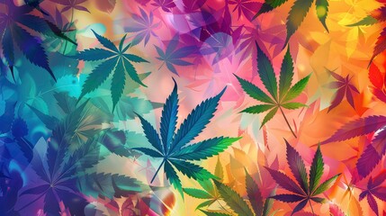 A vibrant abstract background featuring a multitude of overlapping cannabis leaves in various shades of green, purple, and yellow, creating a layered, dimensional effect.