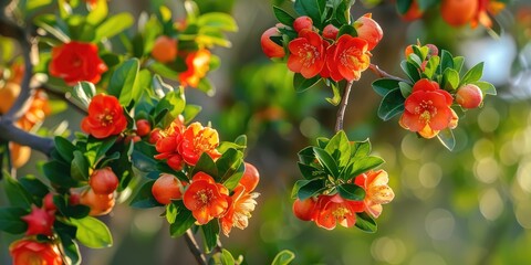 Wall Mural - Pomegranate tree blossoming with vibrant orange red flowers