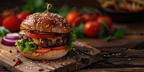 Sticker - Sesame Seed Cheeseburger with Melted Cheese Lettuce Tomato and Onion on a Wooden Table