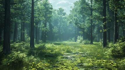 A peaceful green forest with sunlight filtering through the canopy, casting dappled shadows on the forest floor.