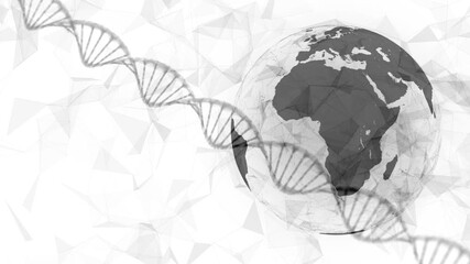 Wall Mural - black and white colored dna chain and earth sphere loop copy space background.