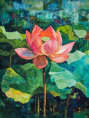 Wall Mural - A single pink lotus flower blooms majestically amidst a backdrop of vibrant green leaves, symbolizing purity, enlightenment, and growth. The flower's delicate petals and the rich foliage create a sens