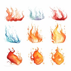 Wall Mural - Watercolor style flames set isolated on white background.