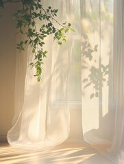 Sticker - A soft, warm light streams through sheer curtains, casting delicate shadows of leaves on the wall. The scene evokes a sense of peace and tranquility, perfect for a relaxing atmosphere.