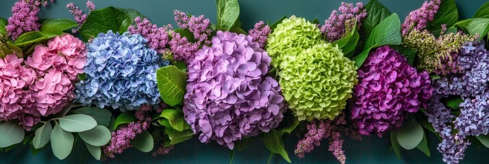 Poster - A stunning display of colorful hydrangea and lilac blooms arranged in a row on a teal background, showcasing a symphony of pink, purple, blue, green, and lavender hues.