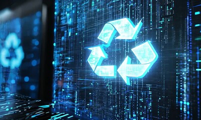 A close-up shot of a recycle symbol on a digital screen, representing data recycling or sustainable technology.