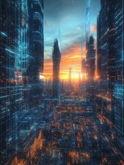 Wall Mural - A vibrant cityscape with towering structures made of glowing lines and circuits. The setting sun casts an orange glow over the scene, creating a sense of wonder and possibility.