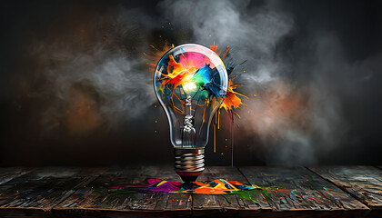 Wall Mural - Creative light bulb, on rustic wooden old table, exploded with colorful paints and splashes on a  smoky dark background.