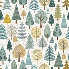 Wall Mural - Seamless pattern with hand-drawn trees. Scandinavian woodland illustration. Perfect for textile, wallpaper, or print design. Seamless monochromatic forest pattern. Perfect for fabric, and textiles.