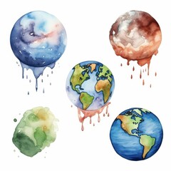 Wall Mural - Watercolor illustration of five different colored melting globes, representing the earth, isolated on a white background.