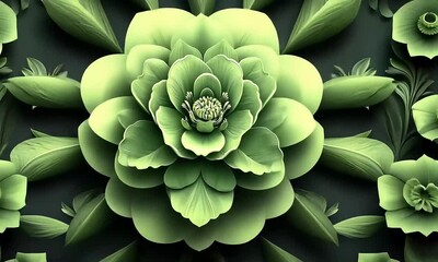 Wall Mural - a detailed 3d rendering of green flowers and leaves in a repeating pattern.