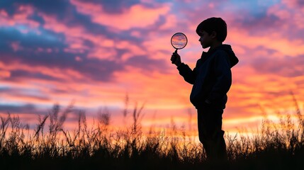 Sticker - A young boy stands silhouetted against a vibrant sunset, holding a magnifying glass and looking intently at the sky, symbolizing curiosity, exploration, wonder, and the beauty of nature.