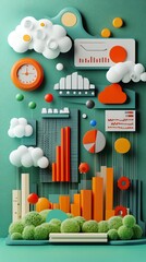 Fototapete - Abstract 3D Geometric Shapes with Business and Nature Elements.
