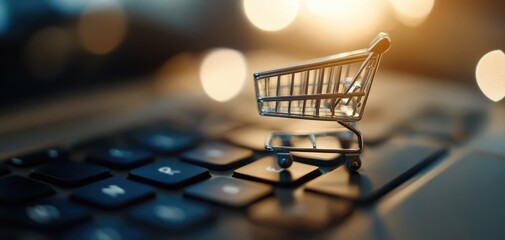 Close-up of a miniature shopping cart on a keyboard, symbolizing online shopping and digital commerce trends.