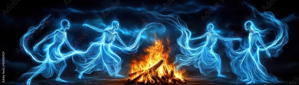 Ghostly figures dancing around a bonfire in an ancient festival ritual ...