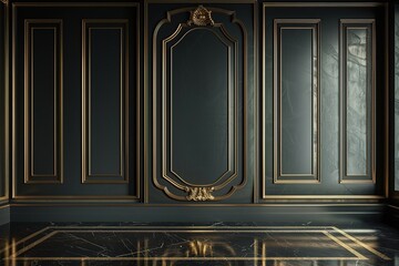 Elegant black and gold wall paneling with marble floor.