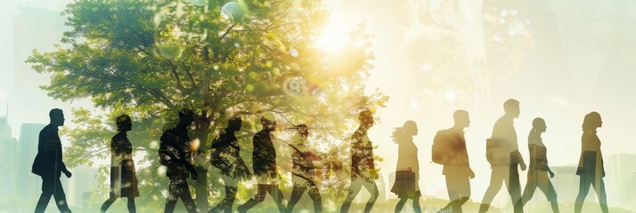 Poster - Silhouettes of a diverse group of people walking together towards a bright, sunlit horizon, symbolizing unity, progress, and a shared future. A large tree in the background suggests nature, growth, an