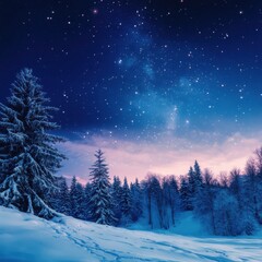 Serene winter landscape featuring snow-covered trees and a starry night sky, capturing the beauty and tranquility of nature.