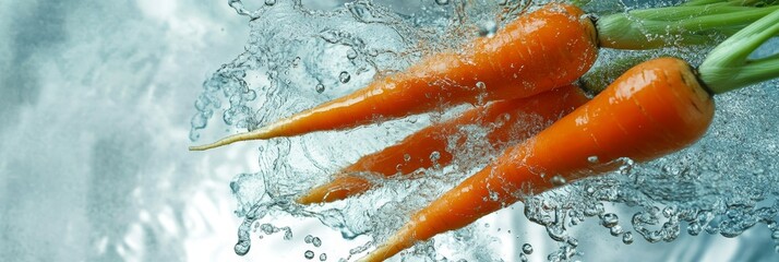 Poster - Three vibrant carrots with green tops, freshly washed and splashing in clear water, symbolizing health, vitality, freshness, and a healthy lifestyle.