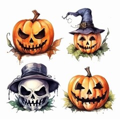 Four watercolor Halloween pumpkins and skull with spooky faces, one wearing a hat.