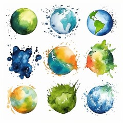 Wall Mural - Collection of nine watercolor planets with splash effect on white background.