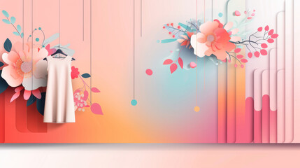 Wall Mural - A pink and blue background with flowers and a dress hanging on a hanger