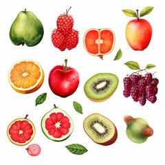 Wall Mural - A collection of fresh, colorful fruits, including apples, pears, kiwi, oranges, and grapefruits, isolated on a white background.