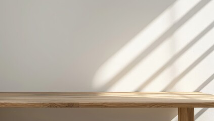 Wall Mural - Wooden Tabletop with Sunlight Streaks on a White Wall