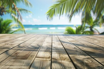 Wall Mural - Wooden Deck Overlooking a Tropical Beach Scene